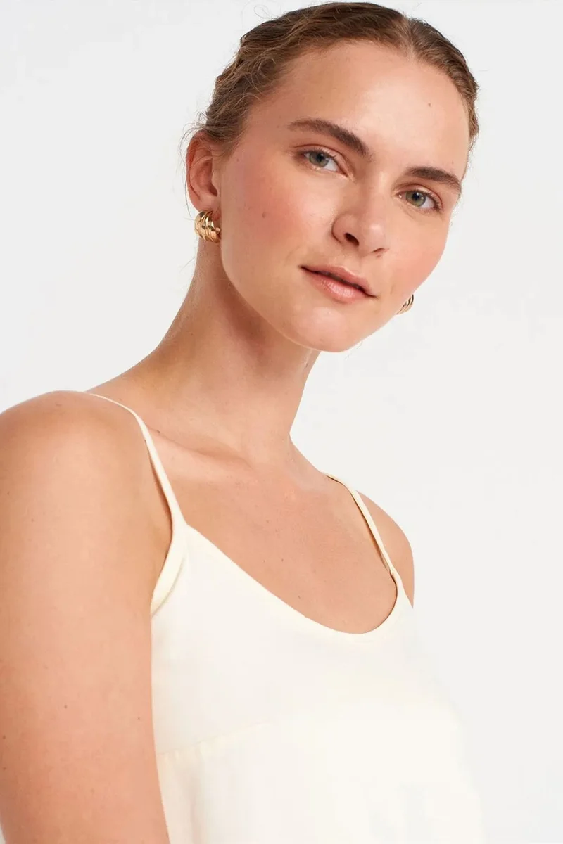 Dilvin Cream Natural DILVIN Sleeveless Midi Slip Dress With Frill Detail for Women | Best Price UAE