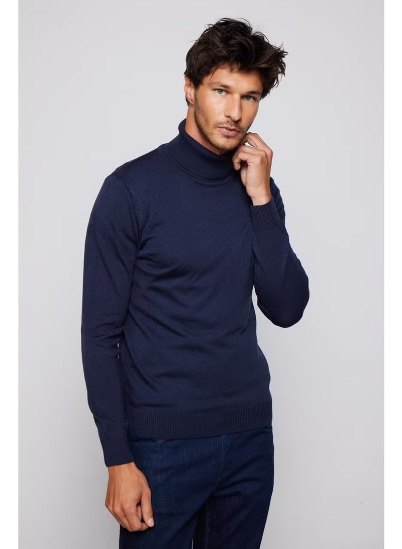 Tudors Slim Fit Slim Fit Full Turtleneck Non-Pilling Soft Texture Navy Blue Men's Knitwear Sweater - Image 1