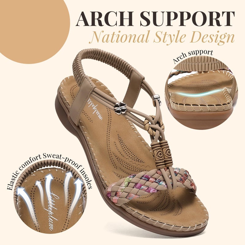 Littleplum Women Sandals Arch Support Handmade Bohemian Braided Flat Sandals Comfort Walking Beach Ankle Elastic Summer Shoes Apricot Size 8 - Image 4