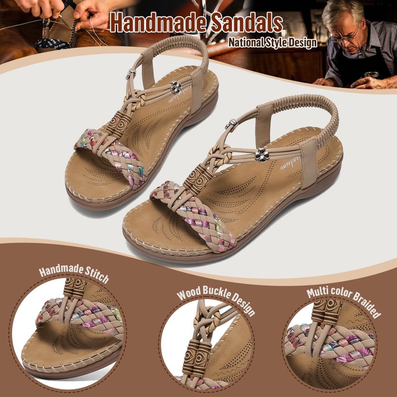 Littleplum Women Sandals Arch Support Handmade Bohemian Braided Flat Sandals Comfort Walking Beach Ankle Elastic Summer Shoes Apricot Size 8 - Image 3