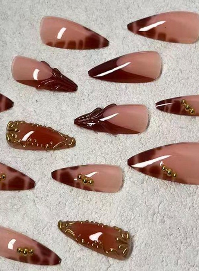 Jremg Brown French Tip Press on Nails Long Stiletto Fake Nails with Gold Bead Design Luxury 3D Golden Stripes False Nails Reusable Autumn Leopard Print French Glue on Nails for Women 24Pcs - Image 4