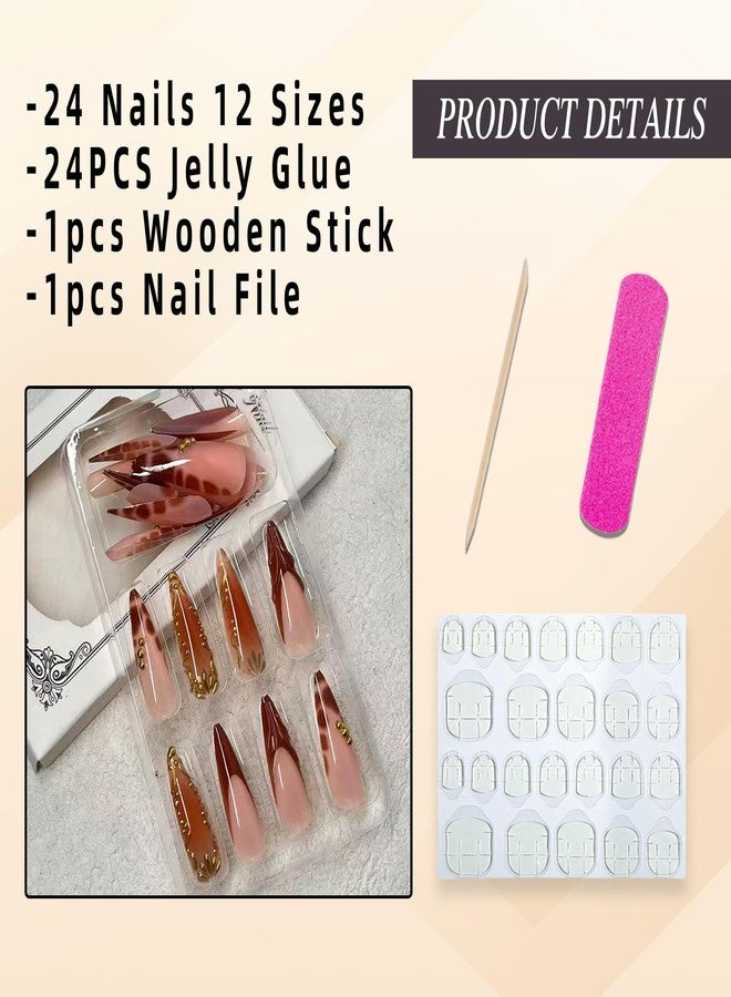 Jremg Brown French Tip Press on Nails Long Stiletto Fake Nails with Gold Bead Design Luxury 3D Golden Stripes False Nails Reusable Autumn Leopard Print French Glue on Nails for Women 24Pcs - Image 5