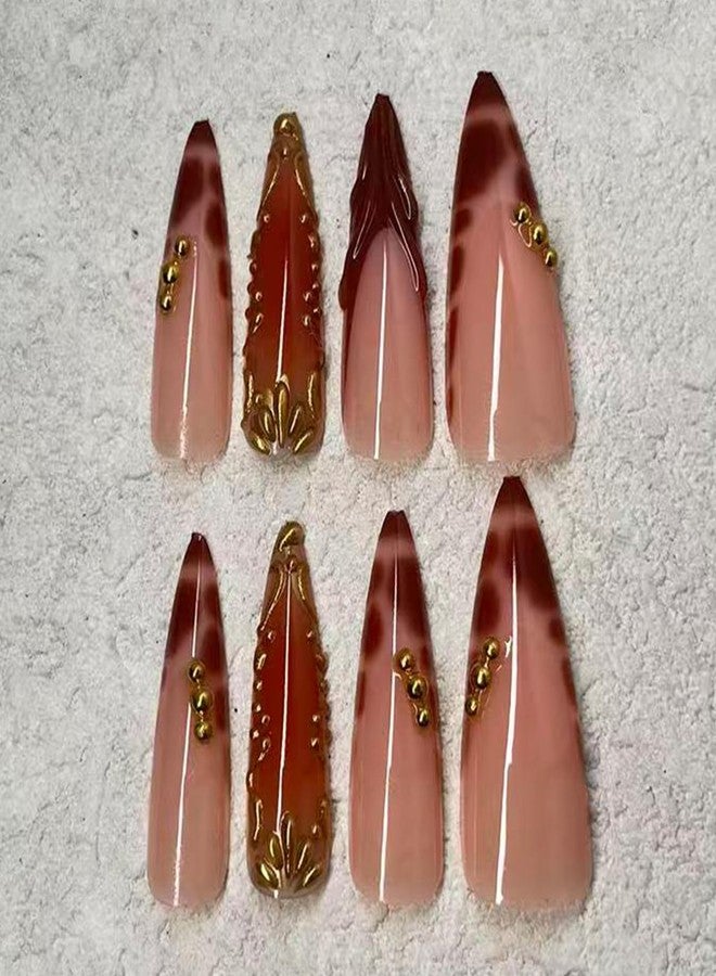 Jremg Brown French Tip Press on Nails Long Stiletto Fake Nails with Gold Bead Design Luxury 3D Golden Stripes False Nails Reusable Autumn Leopard Print French Glue on Nails for Women 24Pcs - Image 3
