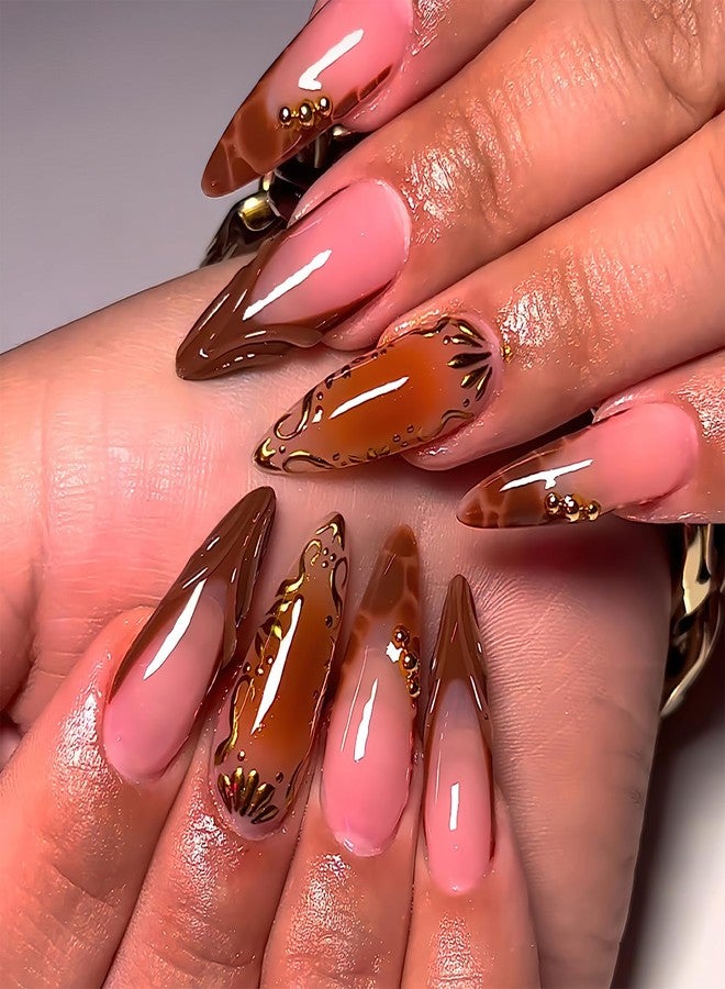 Jremg Brown French Tip Press on Nails Long Stiletto Fake Nails with Gold Bead Design Luxury 3D Golden Stripes False Nails Reusable Autumn Leopard Print French Glue on Nails for Women 24Pcs - Image 1