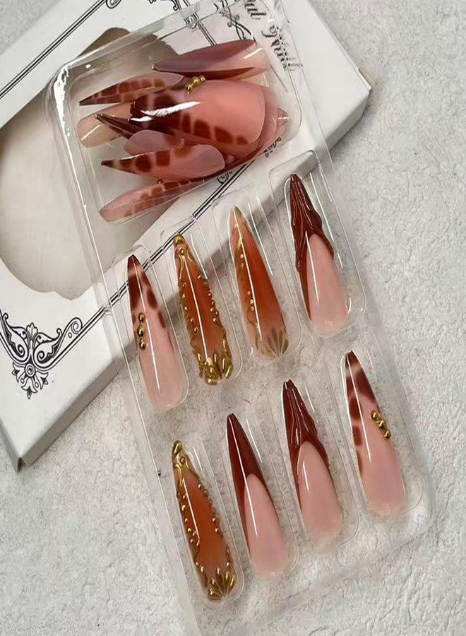 Jremg Brown French Tip Press on Nails Long Stiletto Fake Nails with Gold Bead Design Luxury 3D Golden Stripes False Nails Reusable Autumn Leopard Print French Glue on Nails for Women 24Pcs - Image 2