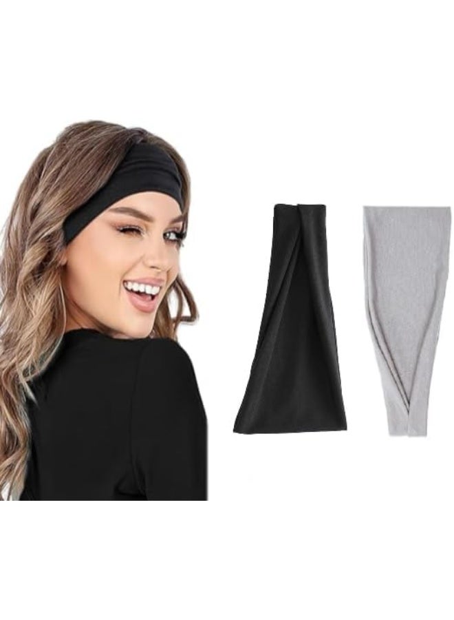 Generic 2 Pcs headbands For Women Wide Black&Gray Headband Yoga Workout Head Bands Hair Accessories  - Image 1