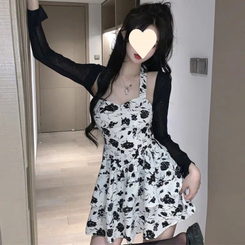 Sweet and Spicy Style Backless Lace-Up Floral Halterneck Dress Suit for Women Summer New Thin Outer Sun Protection Cardigan Aql7990 black small jacket 