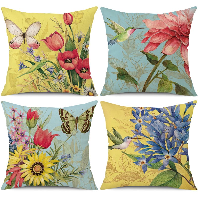 wyooxoo Spring Summer Pillow Covers 18x18 Set of 4 Decorative Throw Pillow Covers Linen Flower Butterfly Farmhouse Pillowcases for Sofa Couch Living Room Outdoor