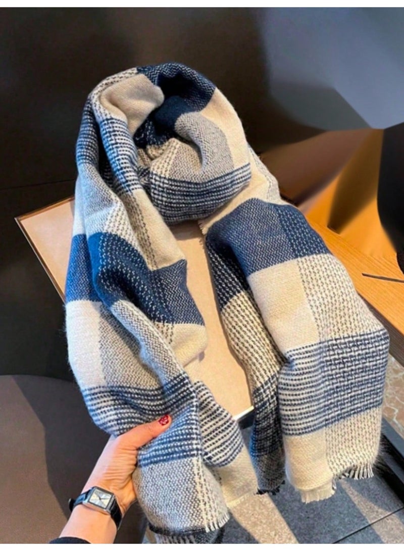 Shein Street 1pc Women Winter Scarf, European And American Style White-Blue-Grey Plaid Scarf For Women, Thick Warm Student Neck Wrap, Soft And Comfy Blanket Scarf, For Keep Warm Outdoors In Winter - Image 4