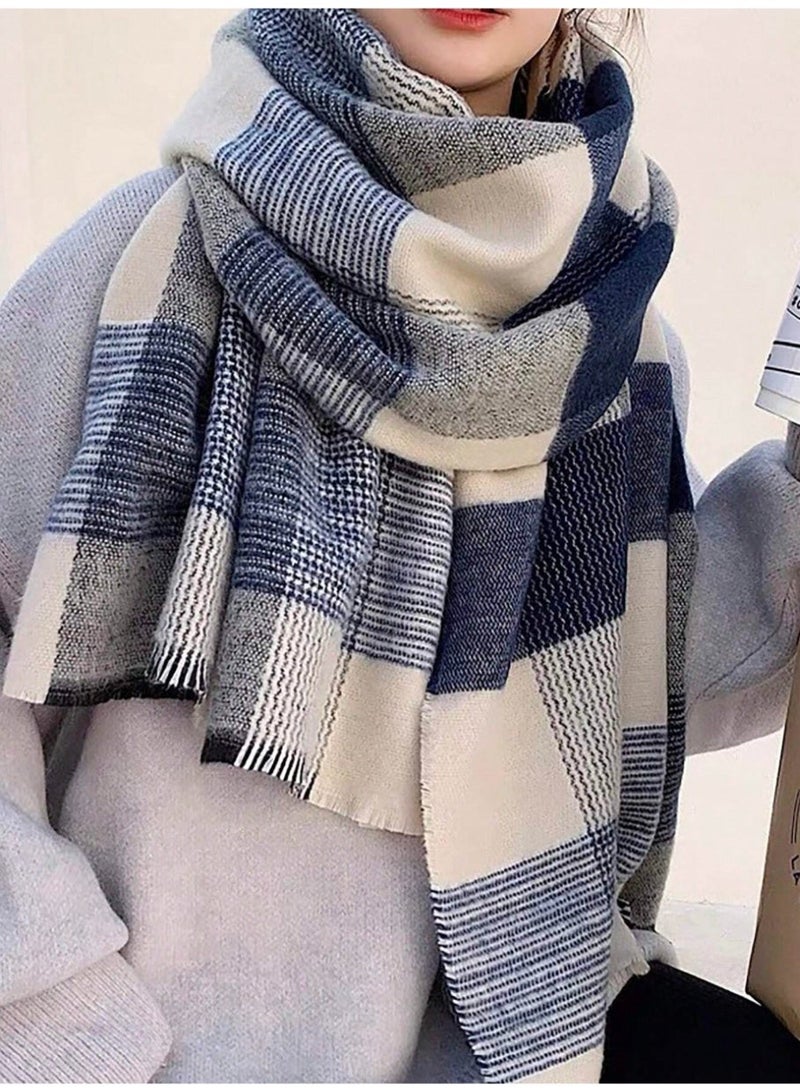 Shein Street 1pc Women Winter Scarf, European And American Style White-Blue-Grey Plaid Scarf For Women, Thick Warm Student Neck Wrap, Soft And Comfy Blanket Scarf, For Keep Warm Outdoors In Winter - Image 1