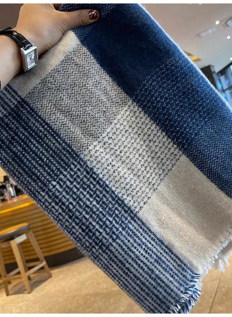 Shein Street 1pc Women Winter Scarf, European And American Style White-Blue-Grey Plaid Scarf For Women, Thick Warm Student Neck Wrap, Soft And Comfy Blanket Scarf, For Keep Warm Outdoors In Winter - Image 3