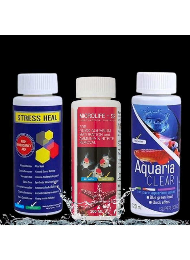 SANSEFERO Premier Plants Aquarium Fish Tank Starter Medicine Combo for Aquarium Cleaning Kit (Stress Heal | Microlife | Aquaria Clear) 3 Pieces Combo - Image 1