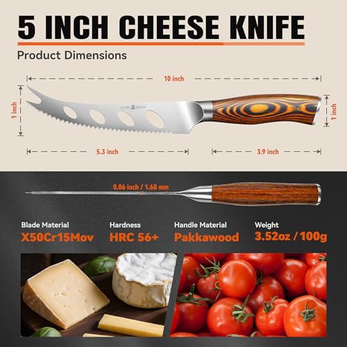 TUO Cheese Knife, Tomato Knife 5.5" Serrated Blade, High Carbon German Steel, Mutil-Use Non Stick Design, Pakkawood Handle - Fiery Phoenix Series - Image 3