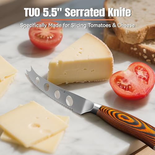 TUO Cheese Knife, Tomato Knife 5.5" Serrated Blade, High Carbon German Steel, Mutil-Use Non Stick Design, Pakkawood Handle - Fiery Phoenix Series - Image 2