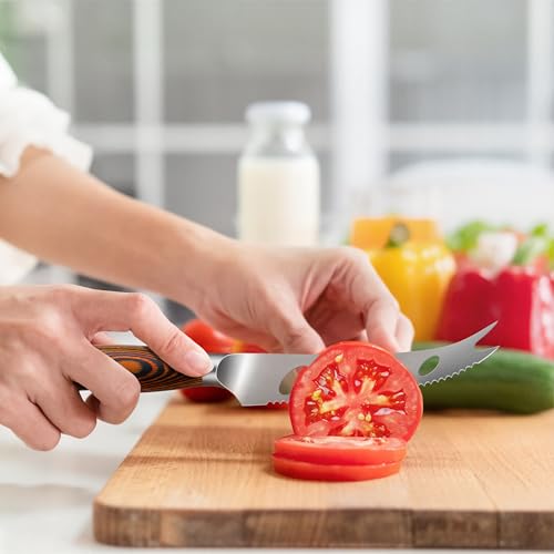 TUO Cheese Knife, Tomato Knife 5.5" Serrated Blade, High Carbon German Steel, Mutil-Use Non Stick Design, Pakkawood Handle - Fiery Phoenix Series - Image 4