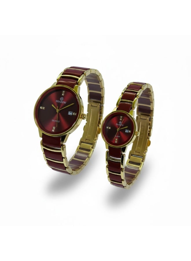 SHADOW Crimson Duo SD7113 Couple Watch Set for Men & Women, Quartz Analog Watches, Red Dial with Gold Strap, Matching His & Hers Gift Set - Image 3