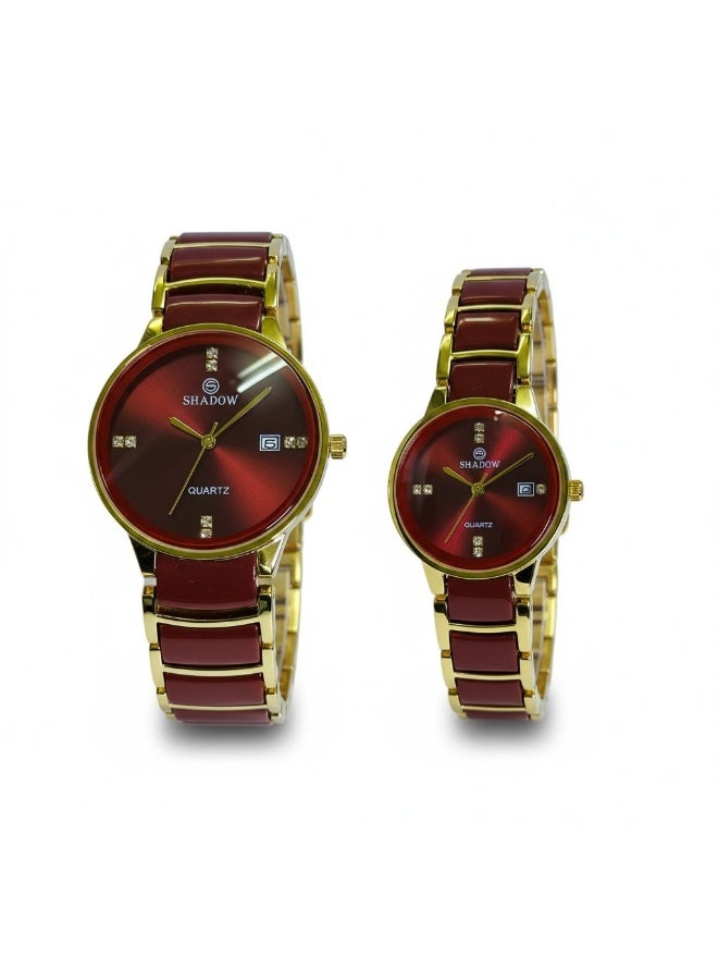 SHADOW Crimson Duo SD7113 Couple Watch Set for Men & Women, Quartz Analog Watches, Red Dial with Gold Strap, Matching His & Hers Gift Set - Image 2