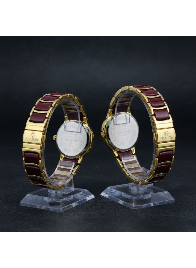 SHADOW Crimson Duo SD7113 Couple Watch Set for Men & Women, Quartz Analog Watches, Red Dial with Gold Strap, Matching His & Hers Gift Set - Image 4