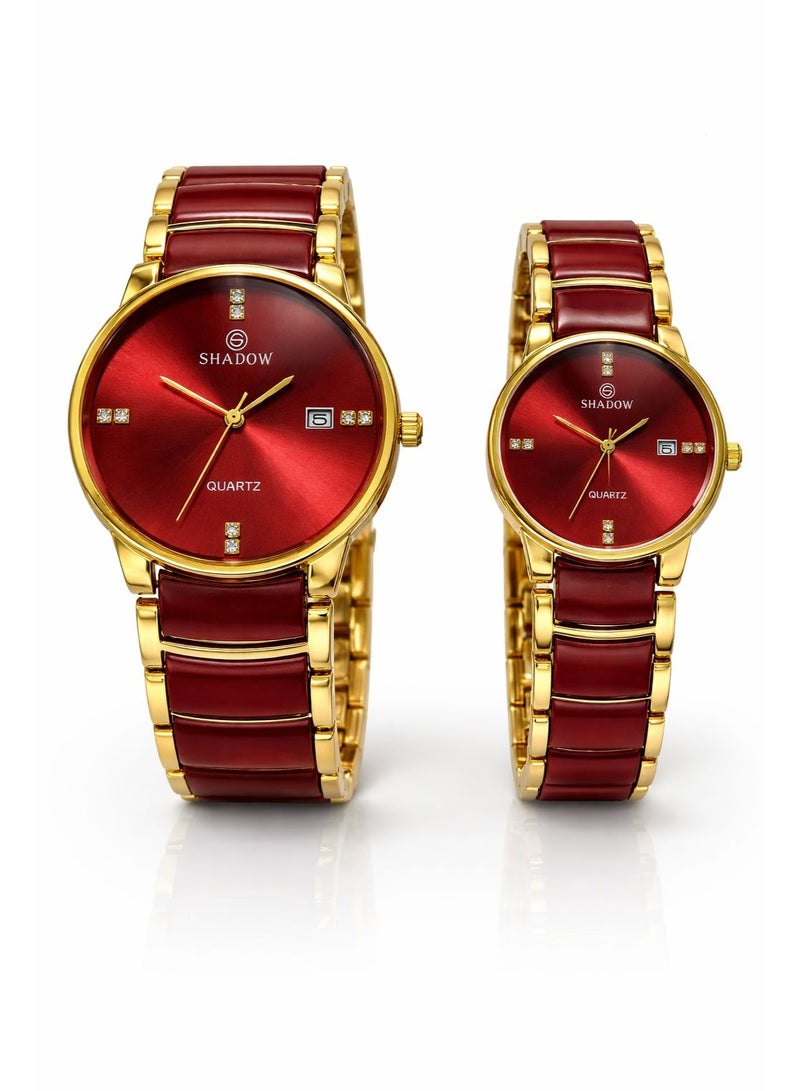 SHADOW Crimson Duo SD7113 Couple Watch Set for Men & Women, Quartz Analog Watches, Red Dial with Gold Strap, Matching His & Hers Gift Set - Image 1