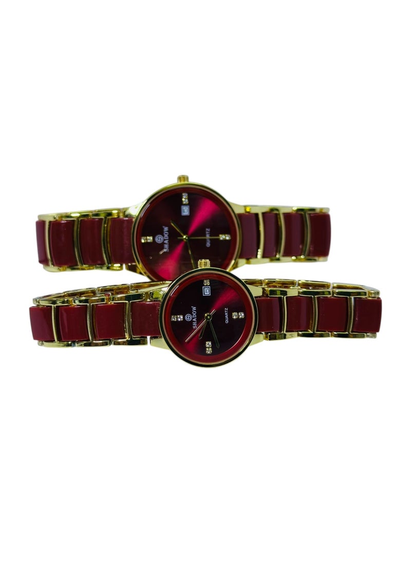 SHADOW Crimson Duo SD7113 Couple Watch Set for Men & Women, Quartz Analog Watches, Red Dial with Gold Strap, Matching His & Hers Gift Set - Image 5
