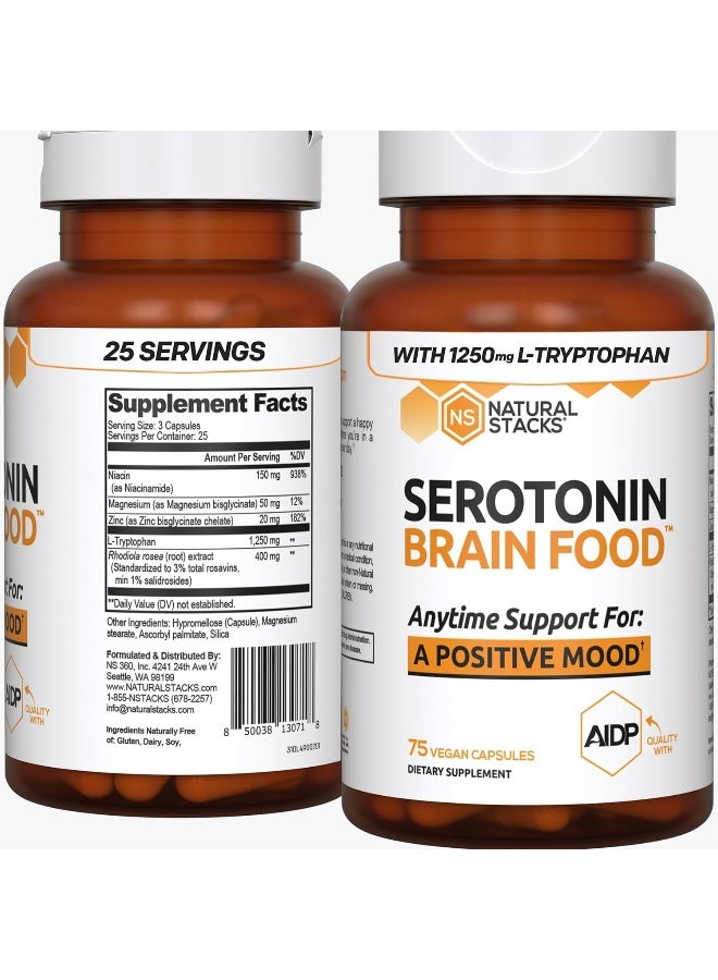 NATURAL STACKS Serotonin Brain Food w/L-Tryptophan & Rhodiola Rosea - Mood Support Supplement - Image 1
