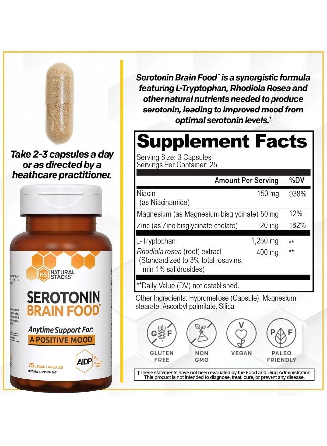 NATURAL STACKS Serotonin Brain Food w/L-Tryptophan & Rhodiola Rosea - Mood Support Supplement - Image 3