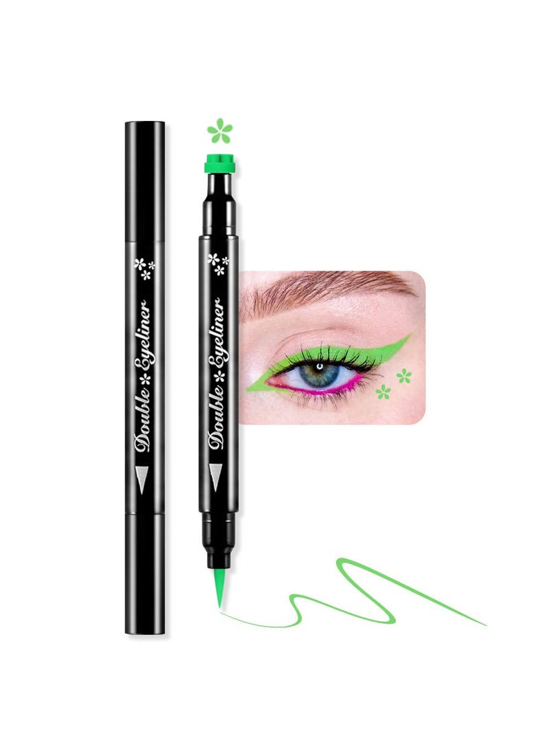 BINGBRUSH - BINGBRUSH Double-head Liquid Stamp Eyeliner Pencil, Colors Flowers Heart Moon Star Shapes Face Stamps Makeup Colorful Waterproof Slim Gel Felt Tip High Pigment Liquid Eyeliner (09#Flower & Green) - Image 1
