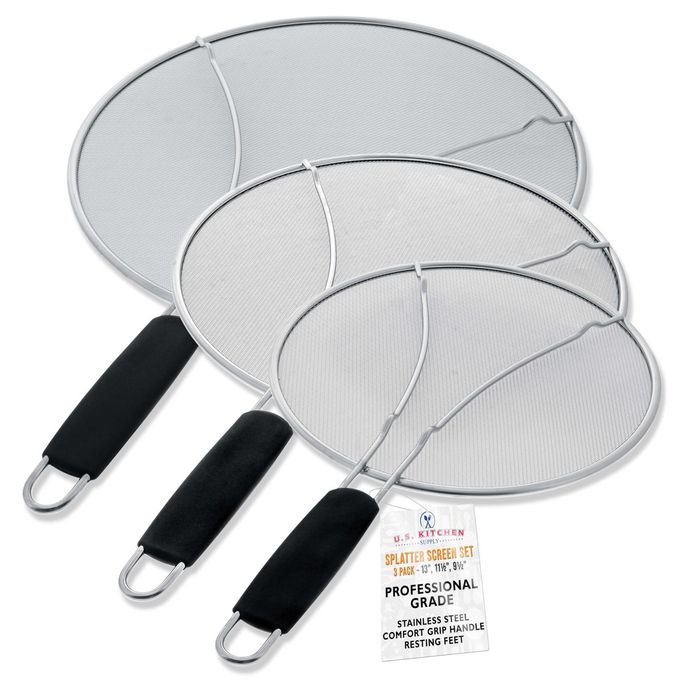 U.S. Kitchen Supply 13", 11.5", 9.5" Stainless Steel Fine Mesh Splatter Screen with Resting Feet Set, Black Comfort Grip Handles - Use on Boiling Pots, Frying Pans - Grease Oil Guard, Safe Cooking Lid - Image 1