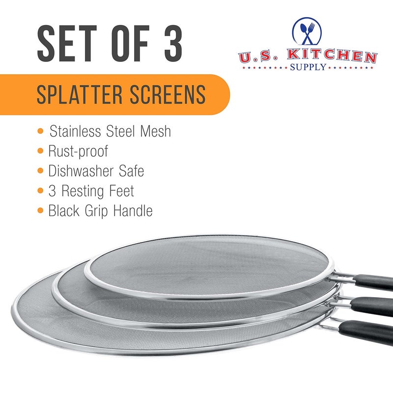 U.S. Kitchen Supply 13", 11.5", 9.5" Stainless Steel Fine Mesh Splatter Screen with Resting Feet Set, Black Comfort Grip Handles - Use on Boiling Pots, Frying Pans - Grease Oil Guard, Safe Cooking Lid - Image 5