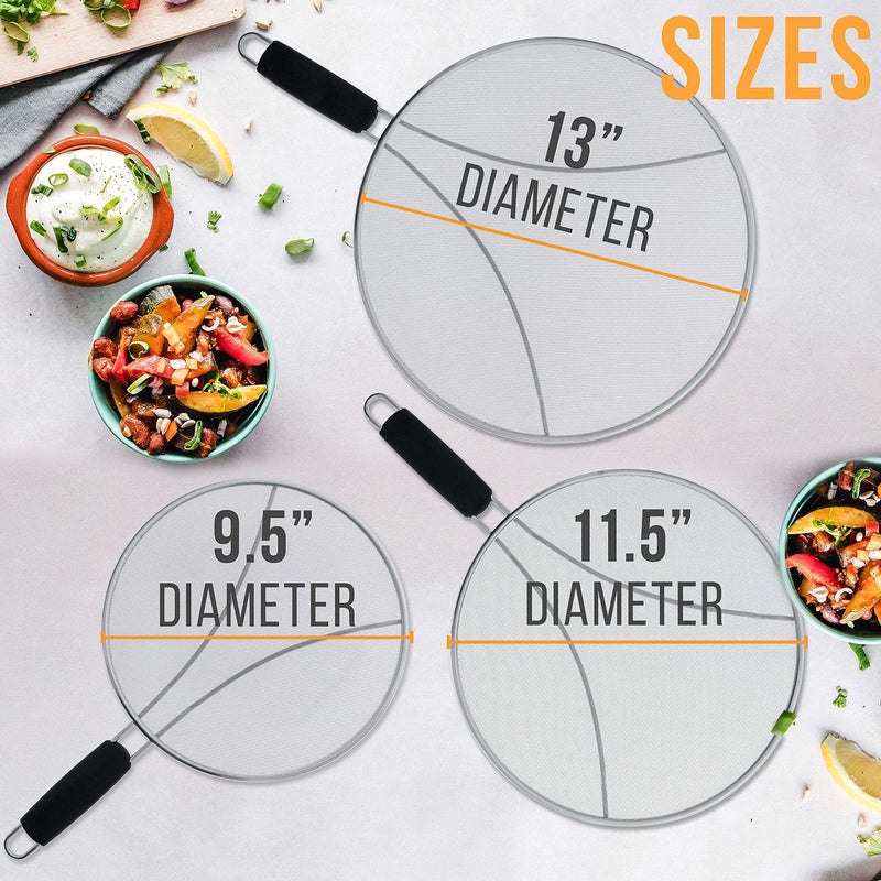 U.S. Kitchen Supply 13", 11.5", 9.5" Stainless Steel Fine Mesh Splatter Screen with Resting Feet Set, Black Comfort Grip Handles - Use on Boiling Pots, Frying Pans - Grease Oil Guard, Safe Cooking Lid - Image 2