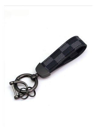 Car PU Leather Metal Keychain - Plaid Leather Zinc Alloy Ring 360° Rotating - Car Universal Wrist Band - Key School Bag Car Decoration Pendant - Black/Send a Screwdriver - view 2