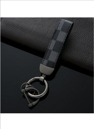 Car PU Leather Metal Keychain - Plaid Leather Zinc Alloy Ring 360° Rotating - Car Universal Wrist Band - Key School Bag Car Decoration Pendant - Black/Send a Screwdriver - view 5
