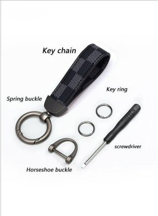 Car PU Leather Metal Keychain - Plaid Leather Zinc Alloy Ring 360° Rotating - Car Universal Wrist Band - Key School Bag Car Decoration Pendant - Black/Send a Screwdriver - view 3