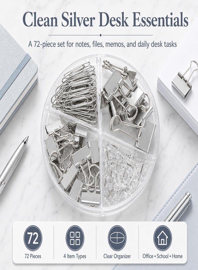Creechwa Silver Binder Clips and Paper Clips Push Pins Tacks Sets, Total 72 PCS Assorted Sizes Office Supplies Set for Women, Student, School, Home & Desk Supplies - Image 2