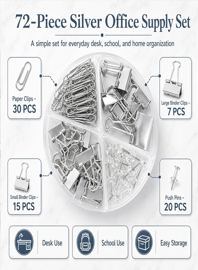 Creechwa Silver Binder Clips and Paper Clips Push Pins Tacks Sets, Total 72 PCS Assorted Sizes Office Supplies Set for Women, Student, School, Home & Desk Supplies - Image 4