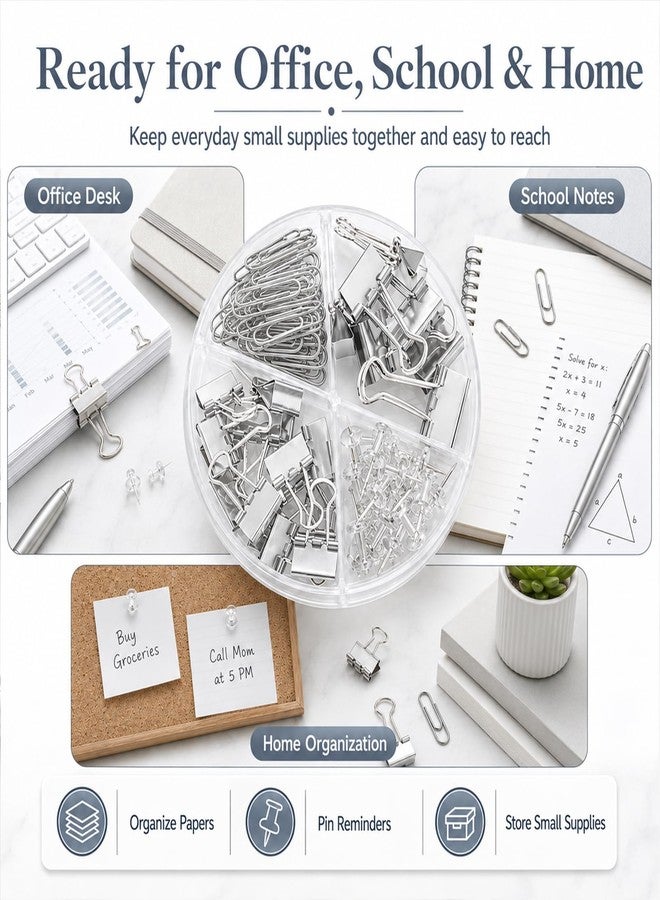 Creechwa Silver Binder Clips and Paper Clips Push Pins Tacks Sets, Total 72 PCS Assorted Sizes Office Supplies Set for Women, Student, School, Home & Desk Supplies - Image 5