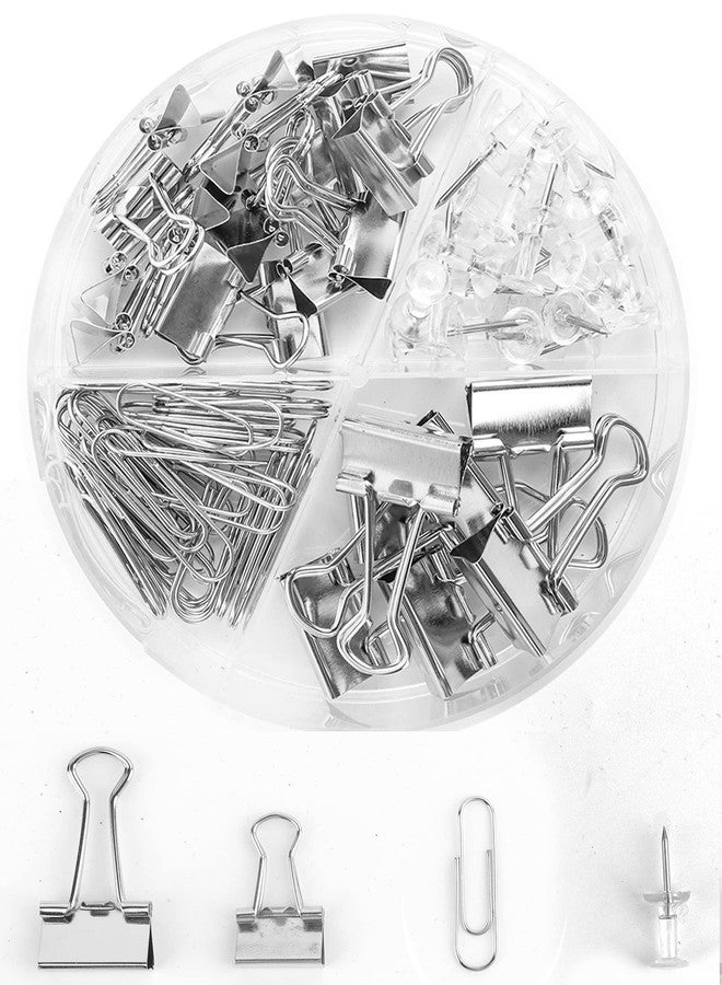 Creechwa Silver Binder Clips and Paper Clips Push Pins Tacks Sets, Total 72 PCS Assorted Sizes Office Supplies Set for Women, Student, School, Home & Desk Supplies - Image 1