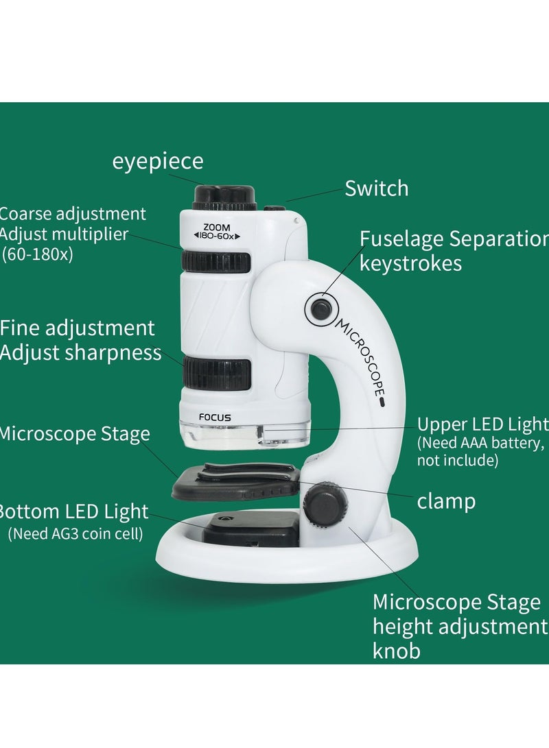 Pocket Microscope for Kids, 60X-180X Kids Microscope, Mini Handheld Microscope, STEM Kit with Microscope, Built-in LED Light, with 12 Microscope Slides, Science Microscope Kit for Kids 5-12