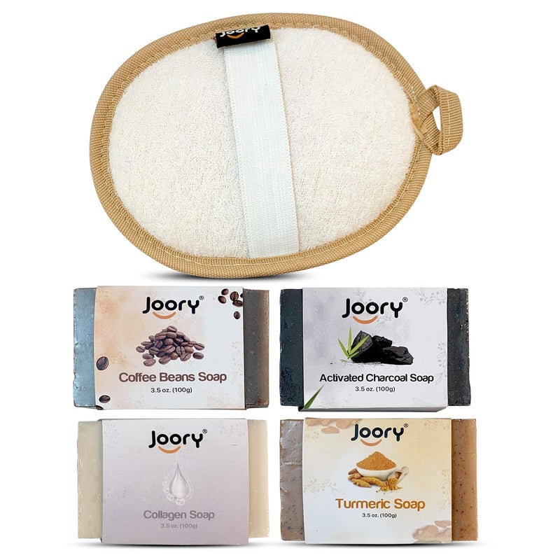 JOORY Natural Moisturizing Soaps for Women and Men 4 Bath Soaps with Exfoliating Egyptian Loofah Body Scrubber Vegan Friendly Cold Pressed Charcoal Coffee Beans Turmeric and Collagen Soaps - Image 1