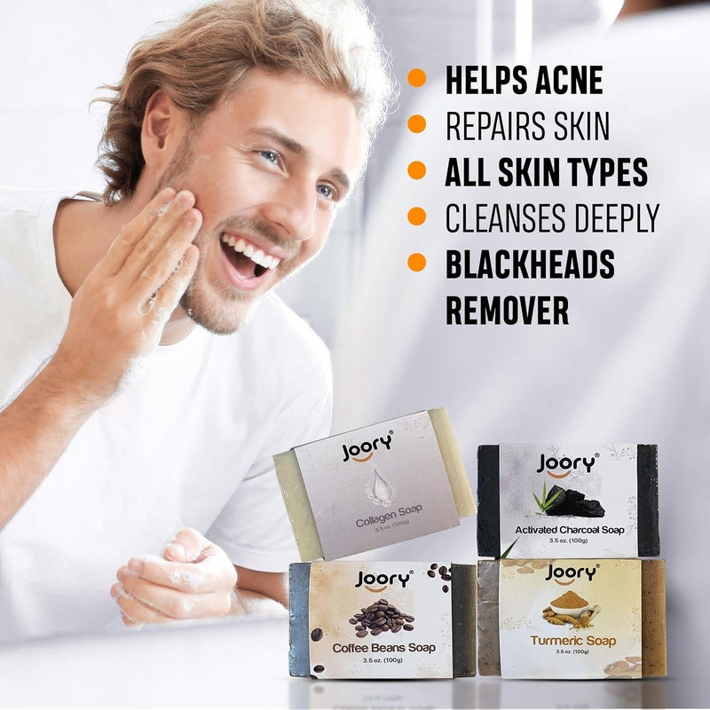 JOORY Natural Moisturizing Soaps for Women and Men 4 Bath Soaps with Exfoliating Egyptian Loofah Body Scrubber Vegan Friendly Cold Pressed Charcoal Coffee Beans Turmeric and Collagen Soaps - Image 2