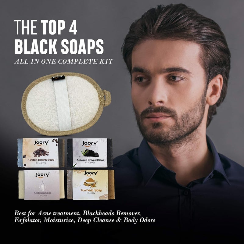 JOORY Natural Moisturizing Soaps for Women and Men 4 Bath Soaps with Exfoliating Egyptian Loofah Body Scrubber Vegan Friendly Cold Pressed Charcoal Coffee Beans Turmeric and Collagen Soaps - Image 3