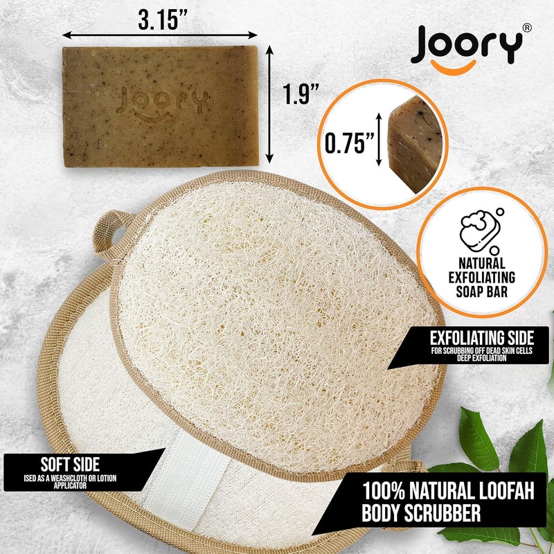 JOORY Natural Moisturizing Soaps for Women and Men 4 Bath Soaps with Exfoliating Egyptian Loofah Body Scrubber Vegan Friendly Cold Pressed Charcoal Coffee Beans Turmeric and Collagen Soaps - Image 4