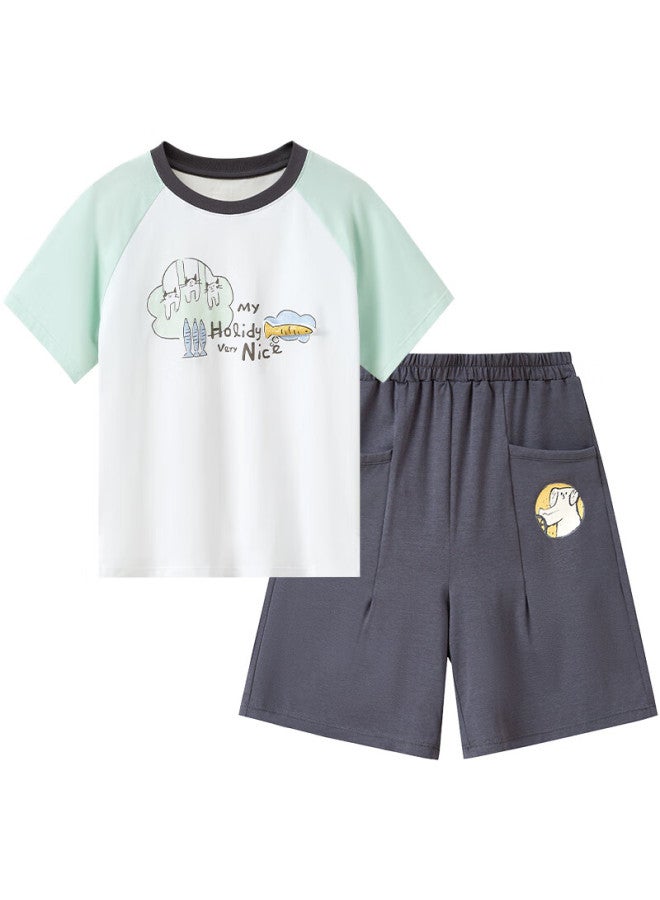 Potatokids Children's Home Wear, Summer Thin Short-sleeve Shorts, Boys And Girls Parent-child Style Pajamas, Light Green, 110 - Image 5