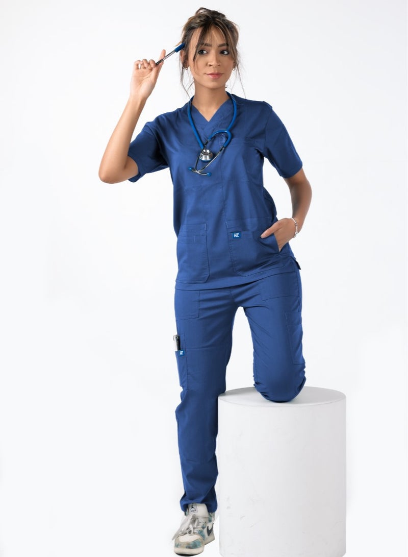 RZ Women's medical scrub in petroleum color, made of a high-quality blend of lycra and polyester. It is extremely soft and comfortable, making it ideal for medical environments. It consists of two pieces and provides excellent flexibility for movement throughout the day.  - Image 1