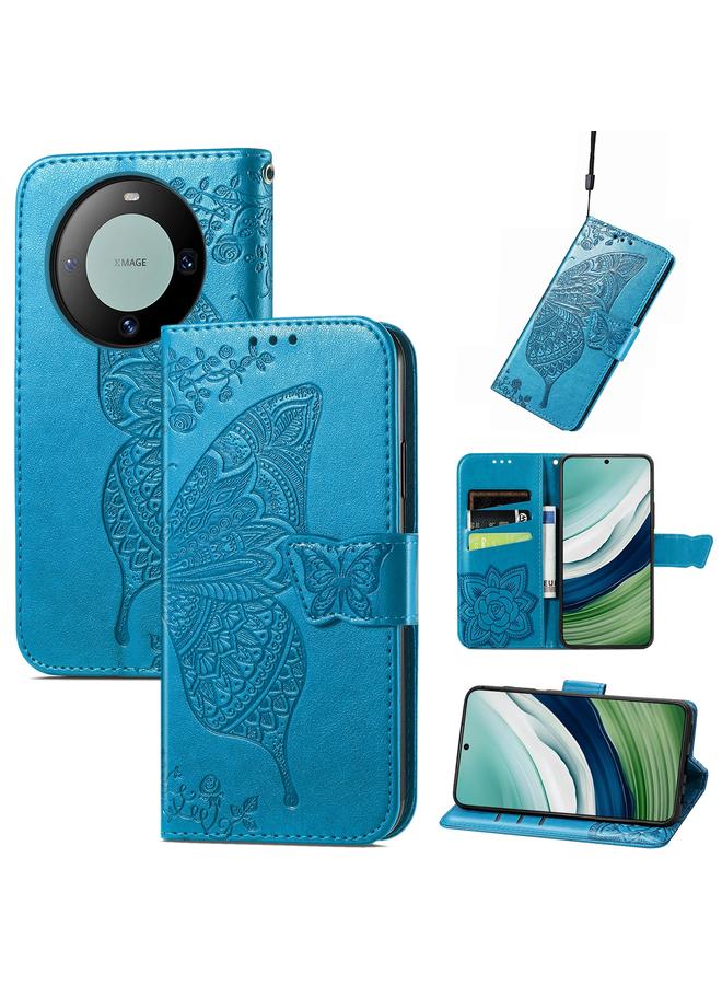 اس-توب جراب لهاتف Huawei Mate 60 مصنوع من الجلد المنقوش بنقشة زهور الحب على شكل فراشة - Image 1