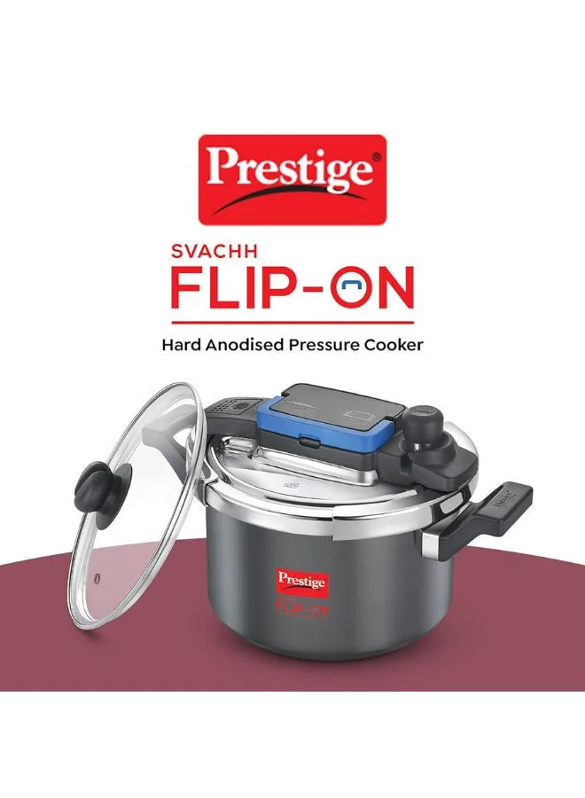 برستيج Prestige Svachh Flip-on Hard Anodised Spillage Control Outer Lid Pressure Cooker with Glass Lid, 5 Litre (Black)