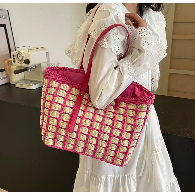 Hand-Woven Color-Blocked Straw Bag – Large Capacity Shoulder Tote for Women - Image 5