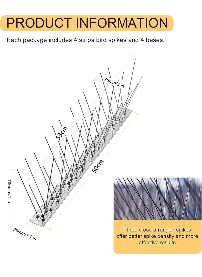 4-PCS 50CM Bird Spikes with Stainless Steel Base, Durable Bird Repellent Spikes Arrow Pigeon Spikes Fence Kit for Deterring Small Bird, Crows