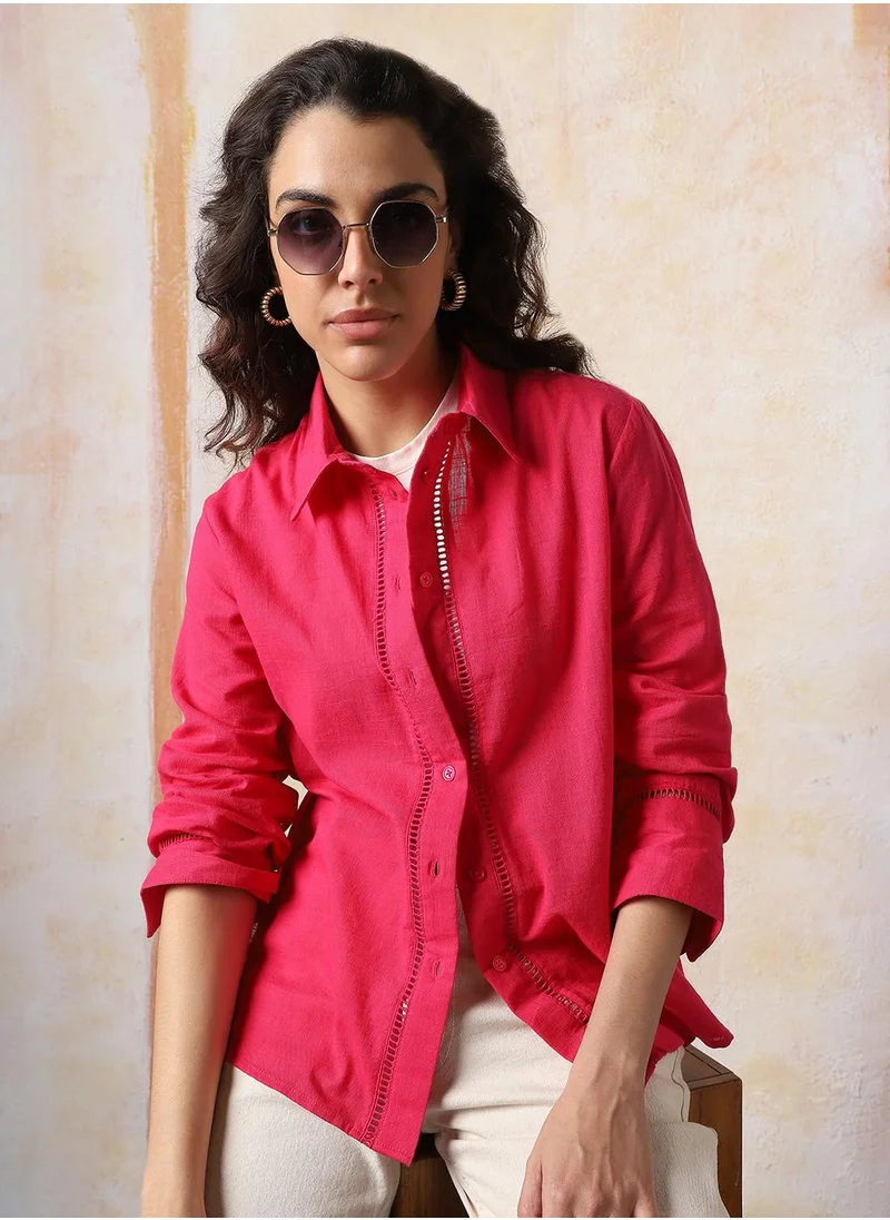 HIGH STAR Stay effortlessly stylish with this comfortable Magenta Oversized Shirts Solid design crafted from Rayon featuring Long Sleeves with Button closure.