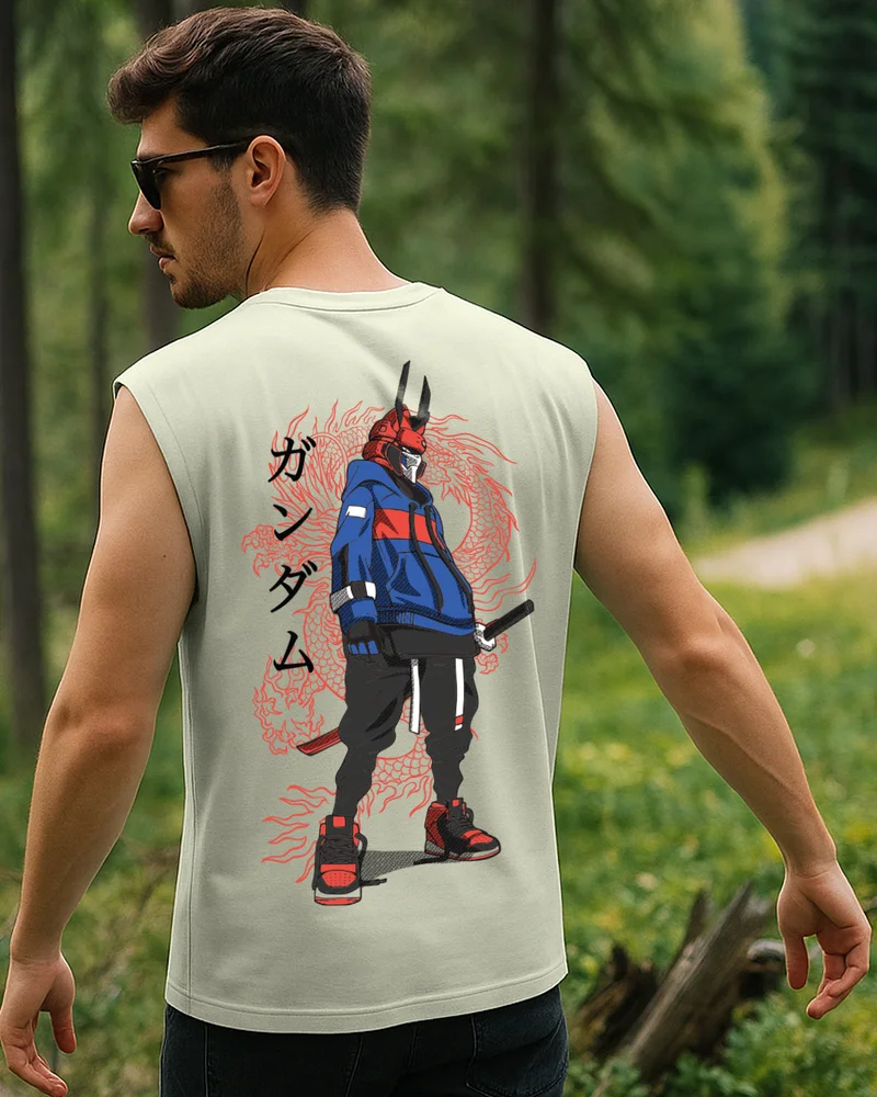 bewakoof Men's Fog Green Cyber Samurai Graphic Printed Boxy Fit Vest